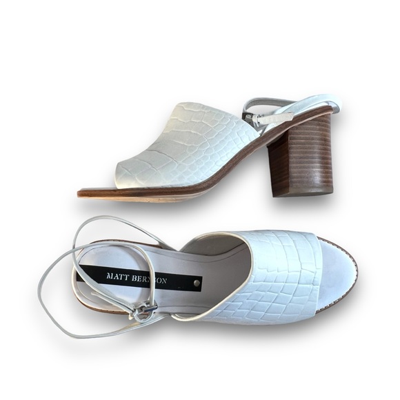 MATT BERNSON White leather Croc Embossed Ankle strap Peep Toe Mules SZ 10 - Picture 3 of 16